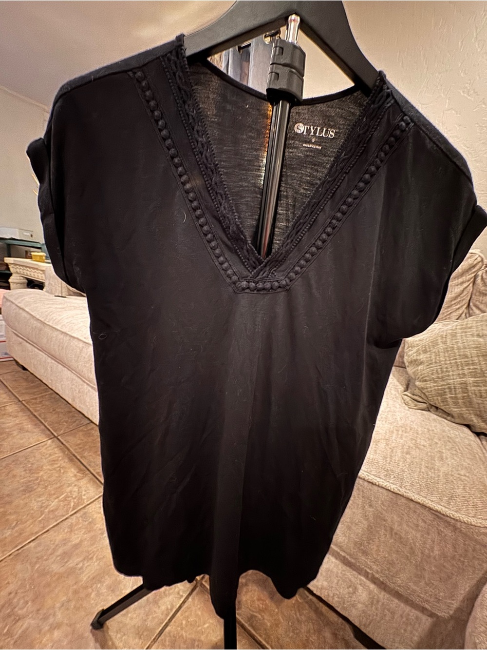 STYLUS Black V-Neck Short Sleeve Tunic with Trim Detail
